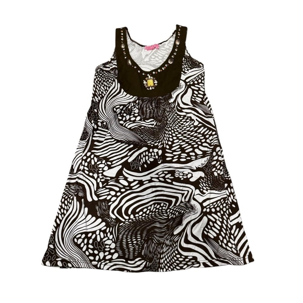 EUC Joyous & Free Brown & White Patterned Tunic sleeveless Top jeweled neck S
